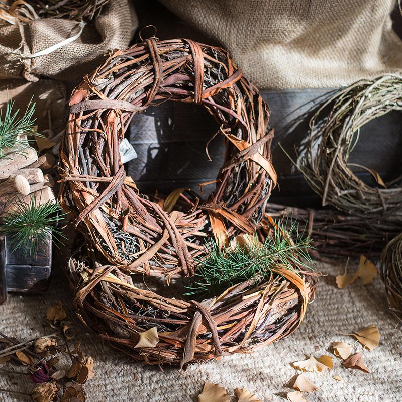 Natural rattan and willow wreath with small pine sprigs, rustic twig wreath ring