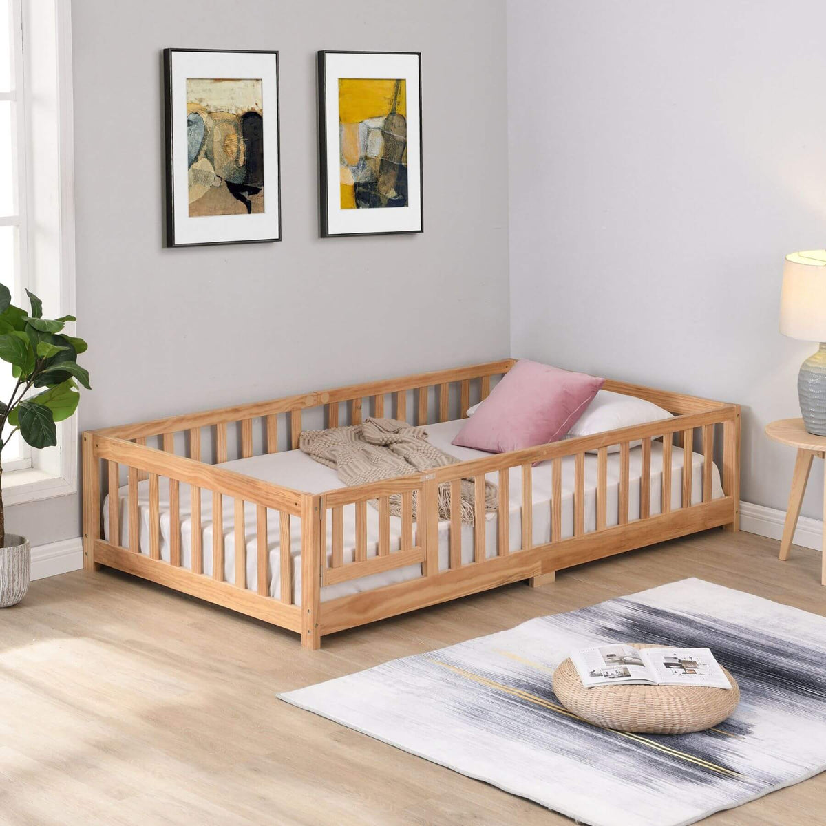 Natural pine floor bed with guardrails and slatted mattress platform