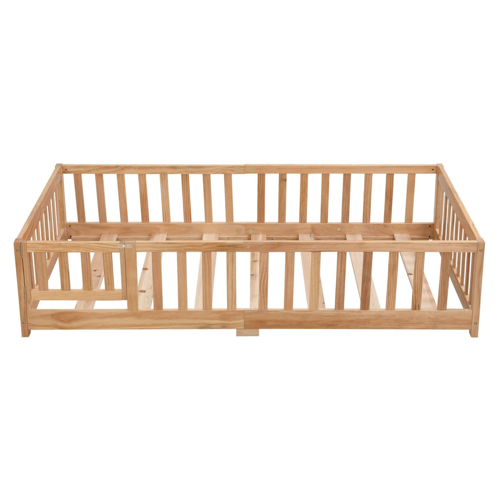 Natural pine floor bed frame with full-length safety guardrails and side bars
