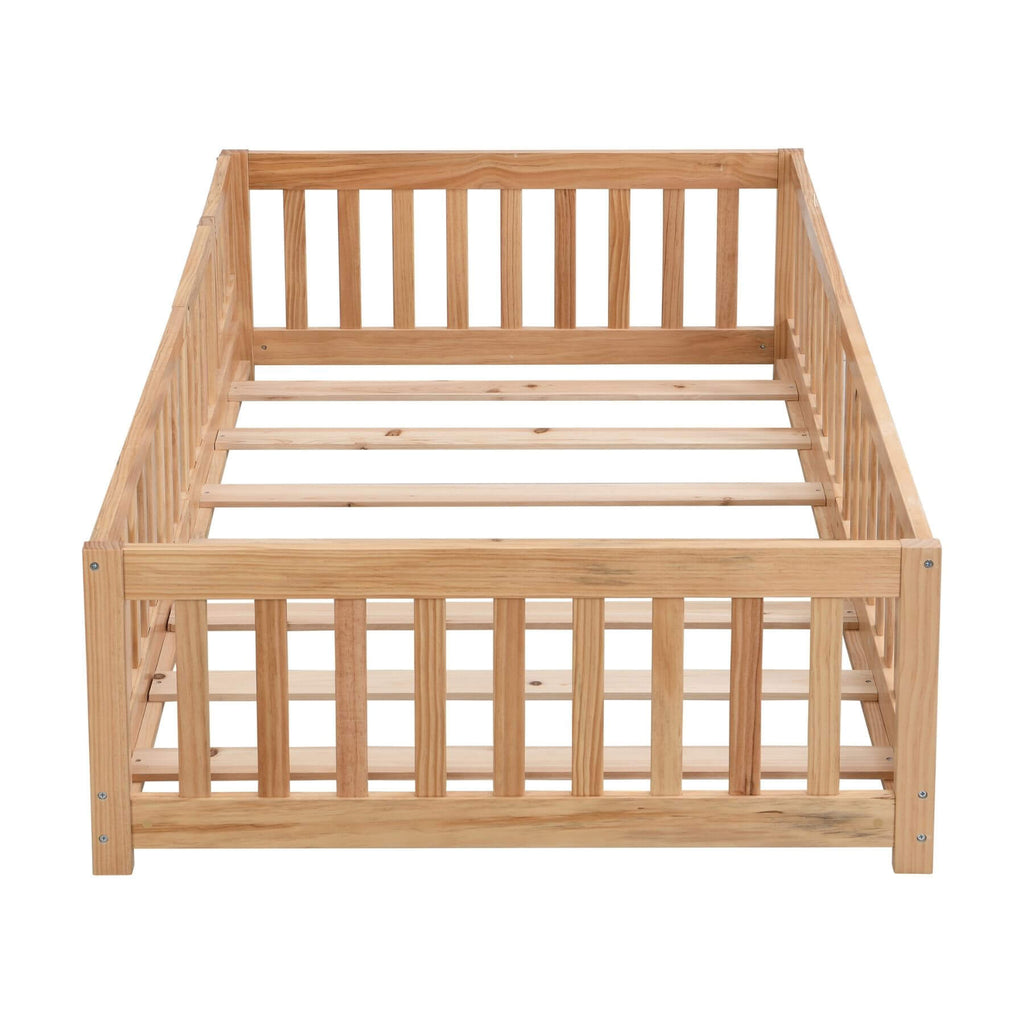Natural pine floor bed with guardrails and horizontal slatted mattress base