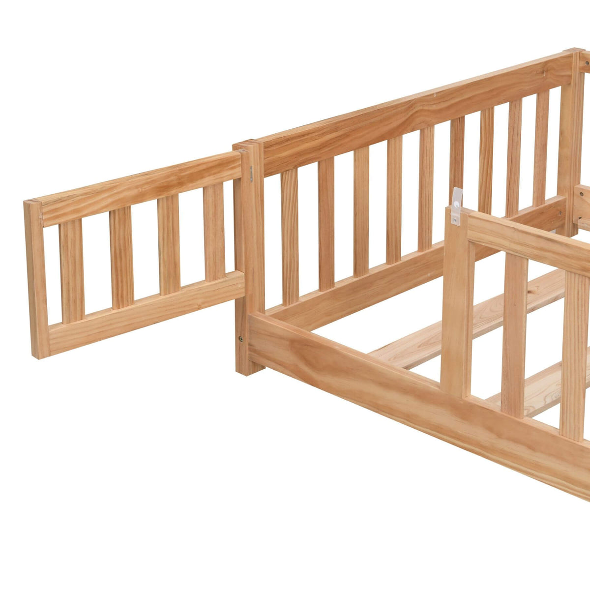 Natural pine floor bed with guardrail panels and hinged door opening