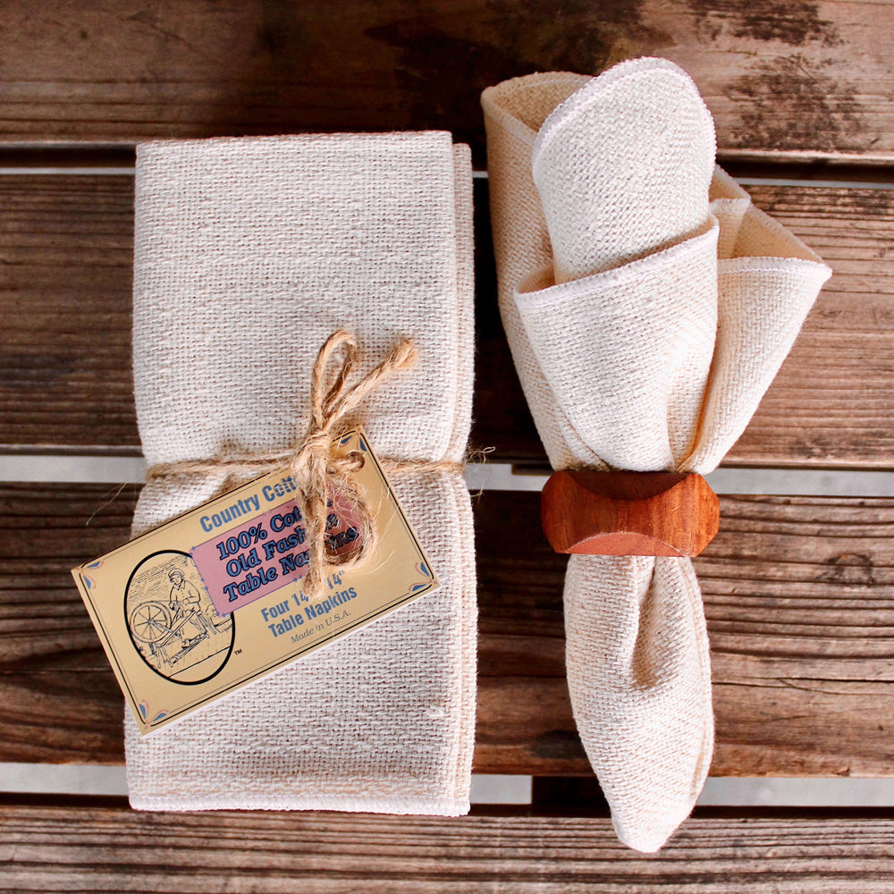 Natural cotton table napkins, folded set with stitched edges, 14 x 14 in (pack of 4)