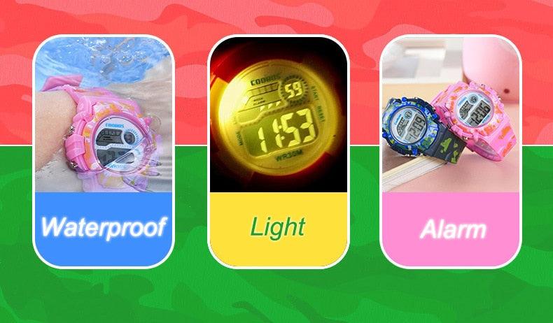 Kids waterproof digital LED camo watch shown in three color views: blue, yellow, pink.