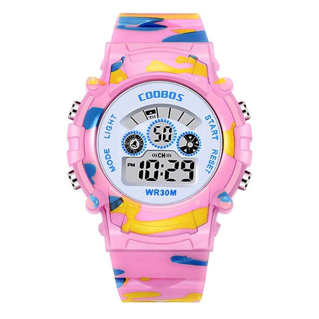 Pink camouflage kids digital LED sport watch with colorful face display
