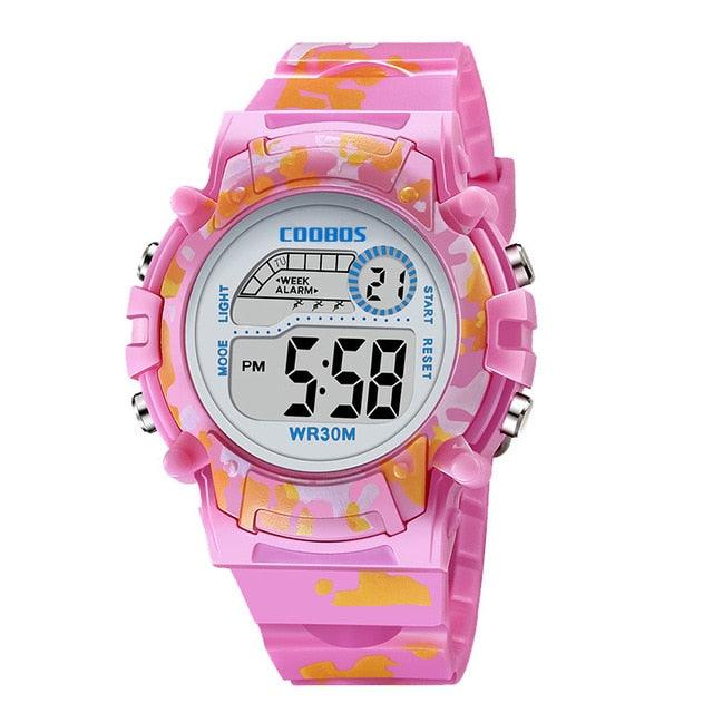 Kids pink digital camouflage LED wristwatch with round LCD display, WR30M.