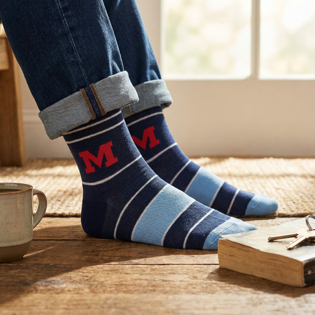 Navy and light blue striped crew socks with red M logo, worn with jeans