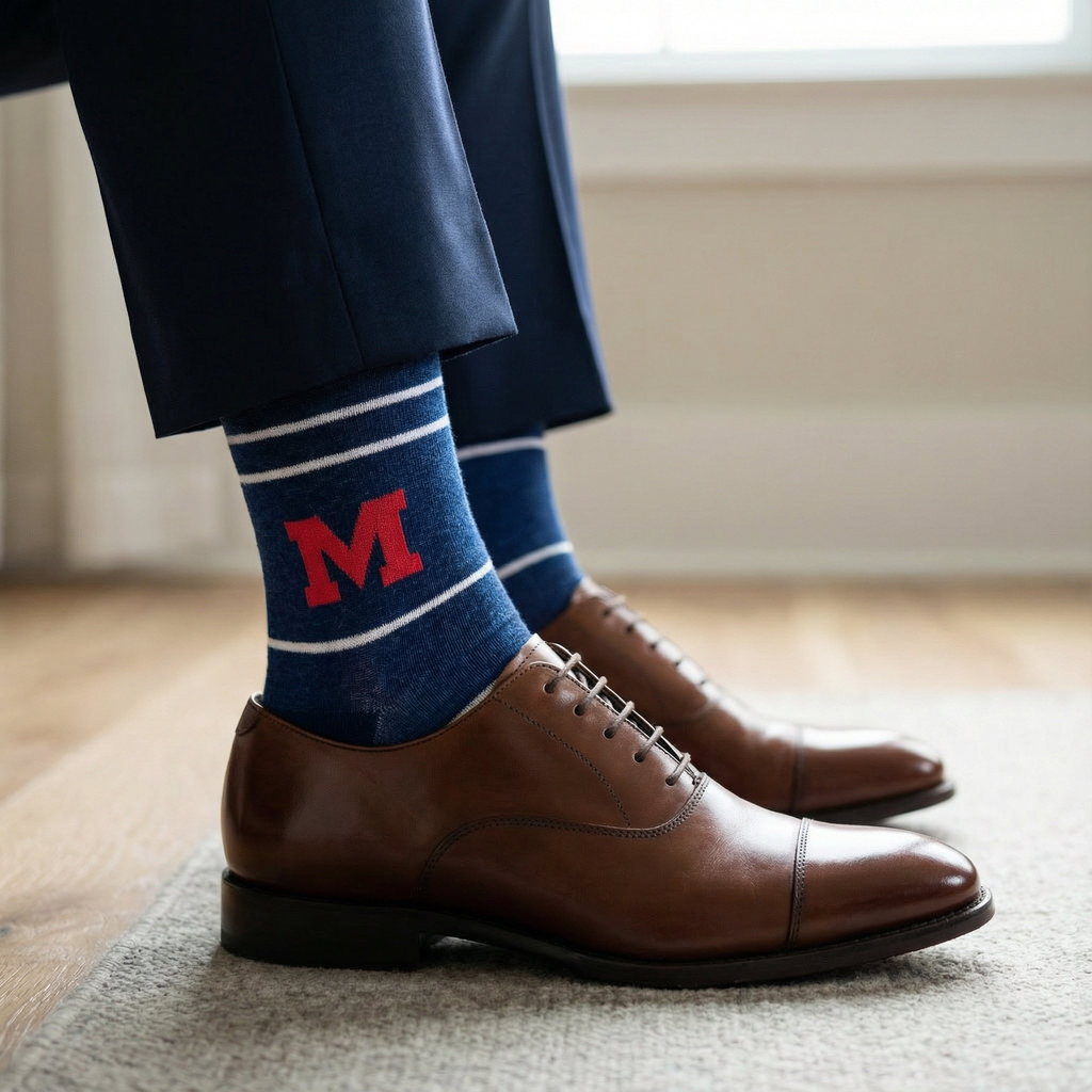 Navy and light blue striped crew socks with red M logo, worn with brown shoes