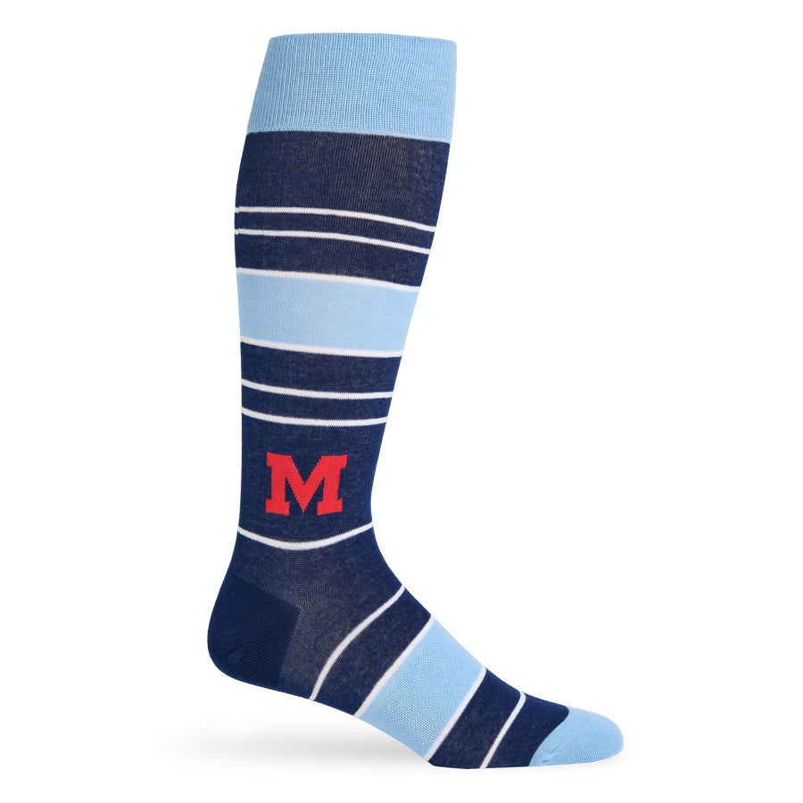 Single crew sock in navy and light blue stripes with red M logo