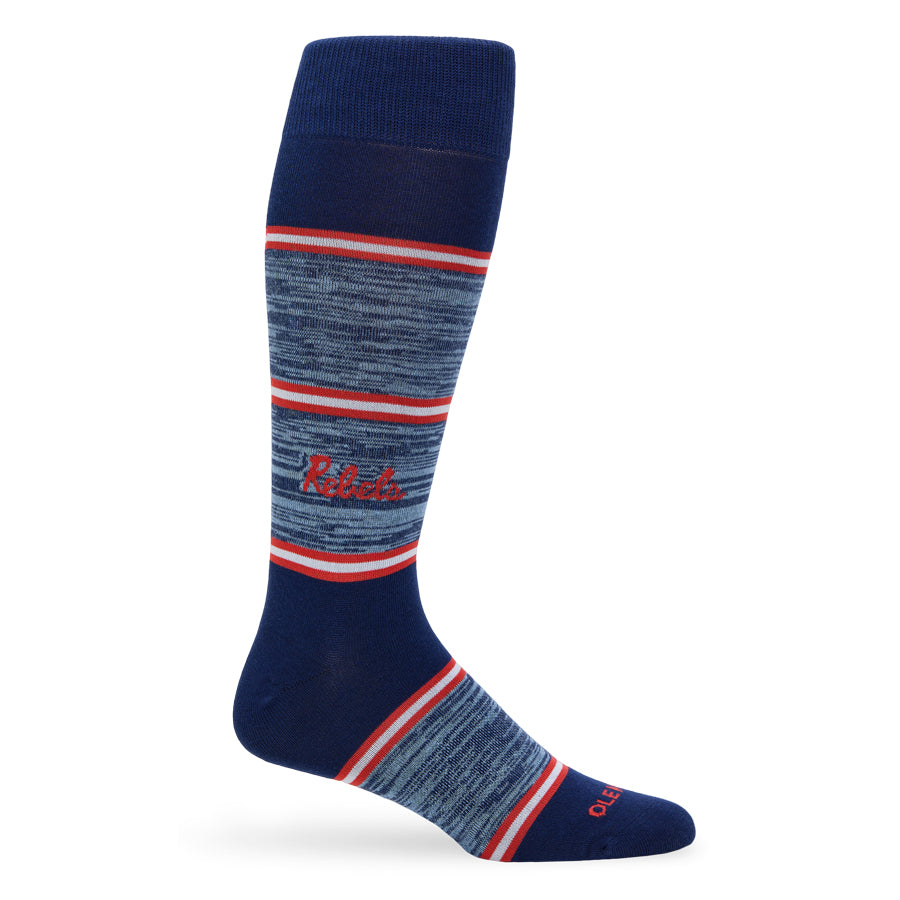 Single navy crew sock with red-and-white stripe bands and heel toe accents