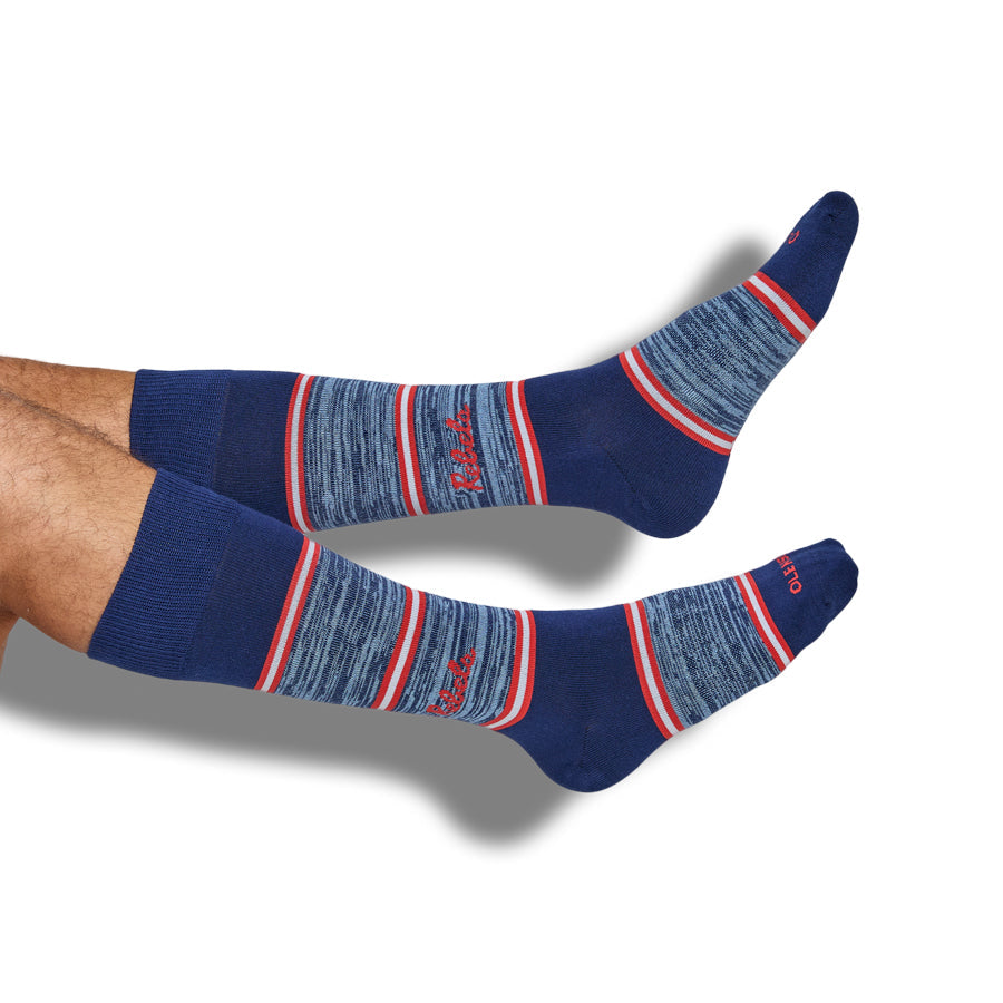 Navy crew dress socks with red and white stripes, ribbed cuffs