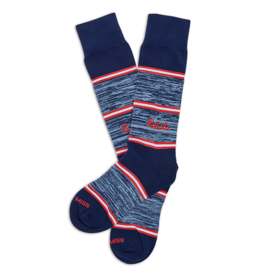 Navy stripe dress socks with Rebel logo at center and red/white borders