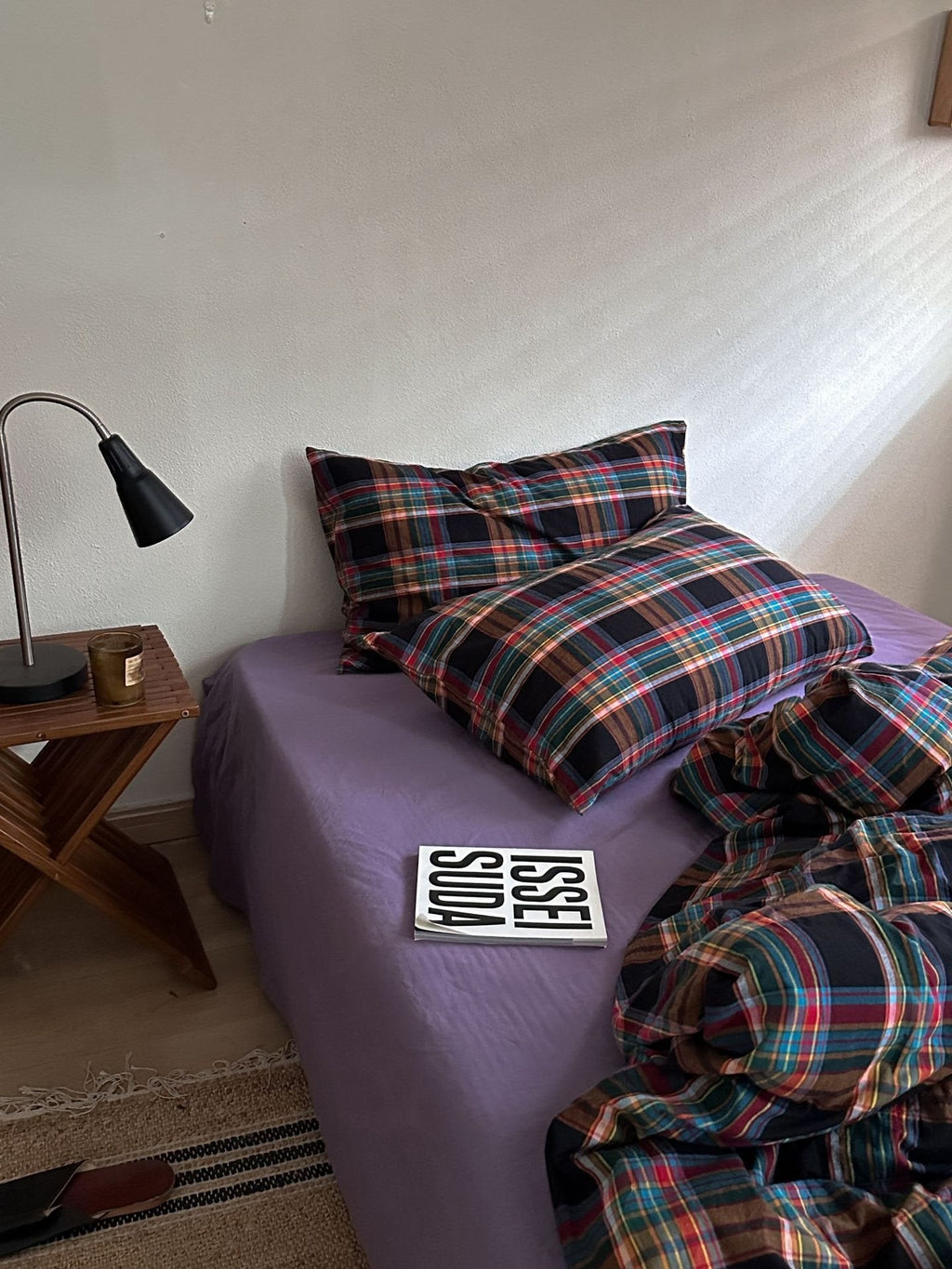 Tartan plaid duvet cover and pillowcase set, dark navy base with red, blue, and teal