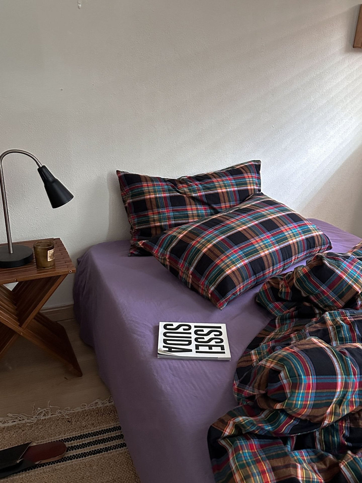 Tartan plaid duvet cover and pillowcase set, dark navy base with red, blue, and teal