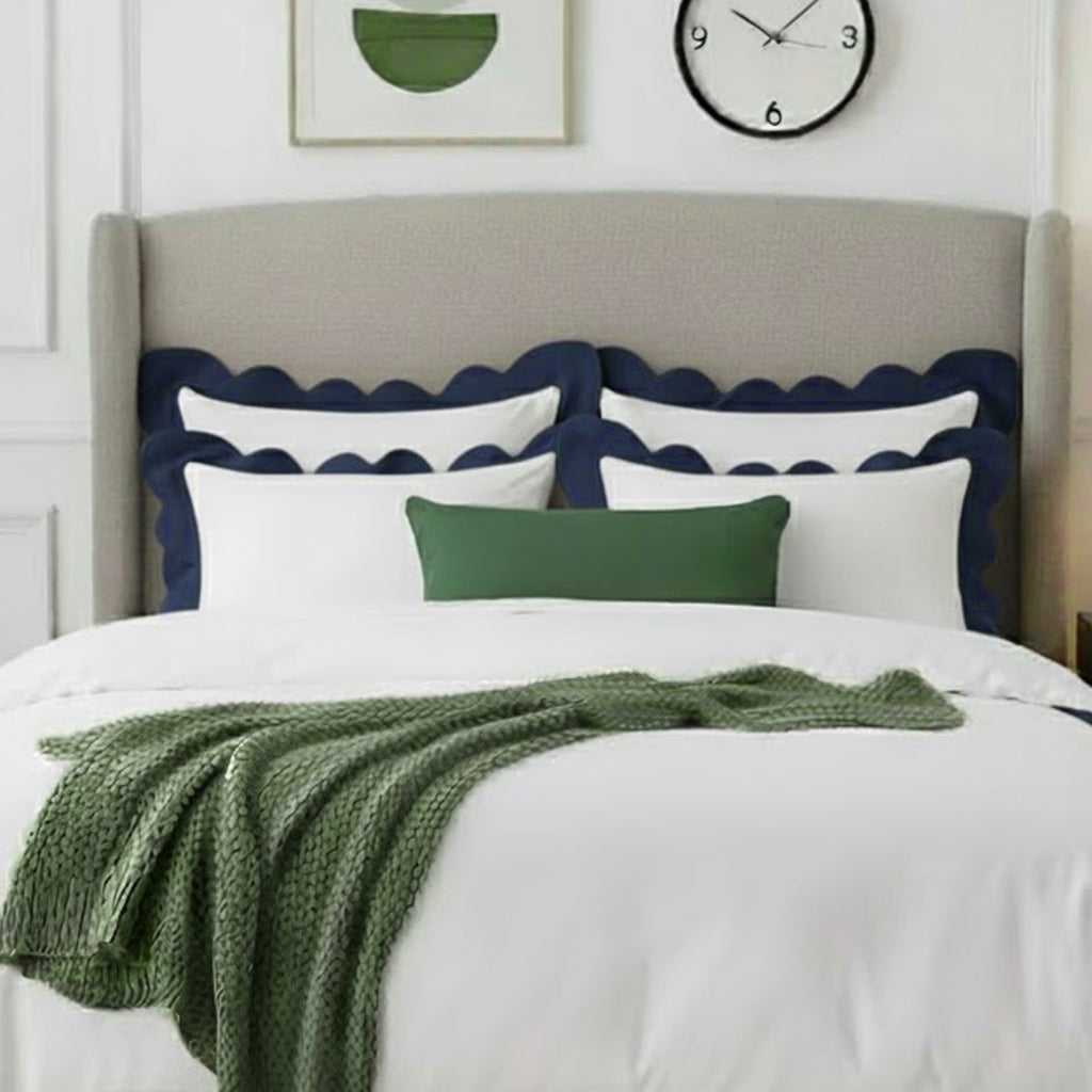 Cotton duvet cover set with wavy applique embroidery, navy blue scalloped border
