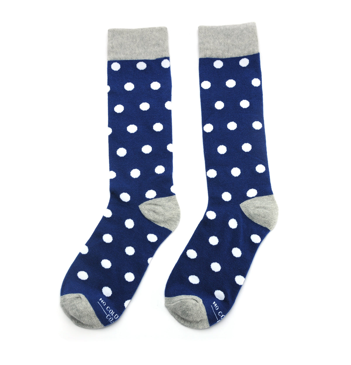Crew socks with navy blue fabric and white polka dot pattern, gray toe and heel (2 pairs)
