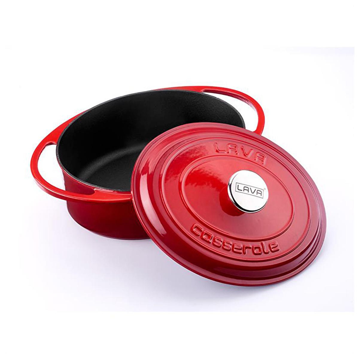Red enamel oval pot with black interior and matching lid, LAVA label on knob