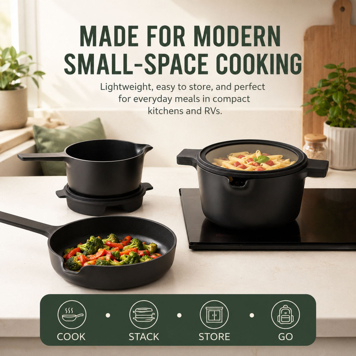 Black ceramic nonstick cookware set with frying pan, saucepan, and lid for small spaces