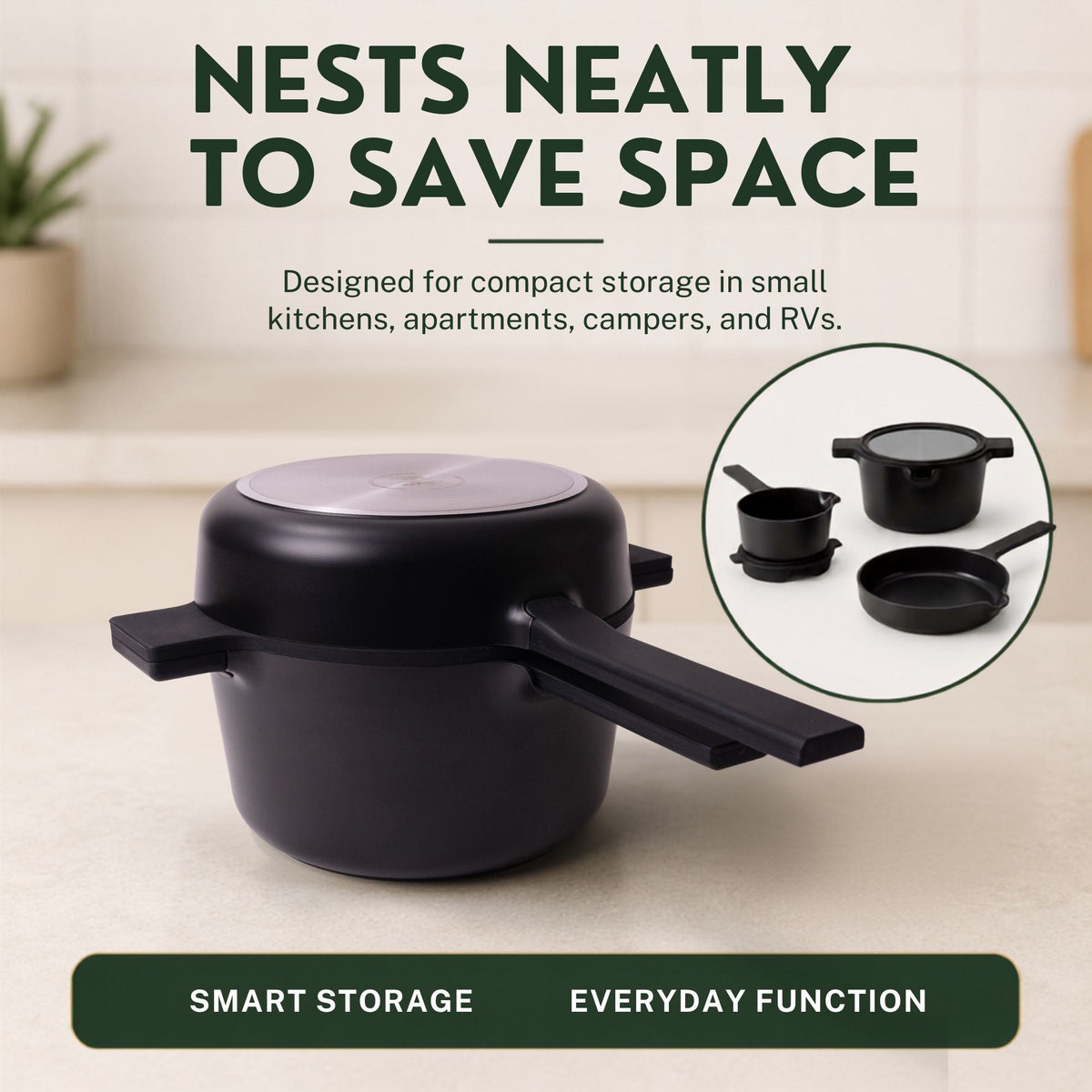 Black ceramic nonstick cookware with domed lid and matching stacking handles
