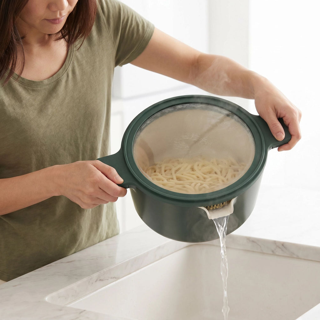Green ceramic nonstick pot with lid, pouring pasta into a sink