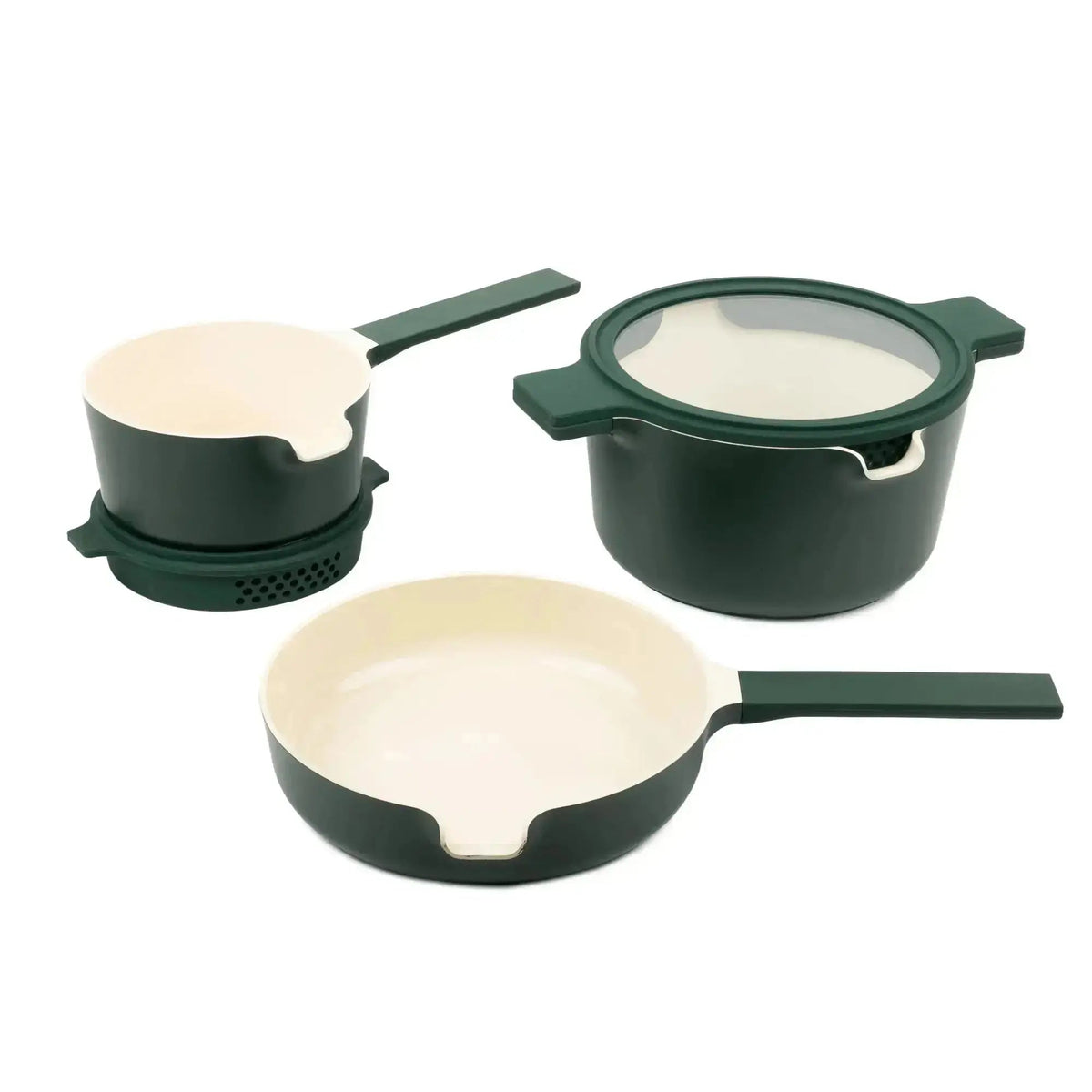 Green ceramic nonstick cookware set: saucepan with lid, frying pan, and stacking pot bases