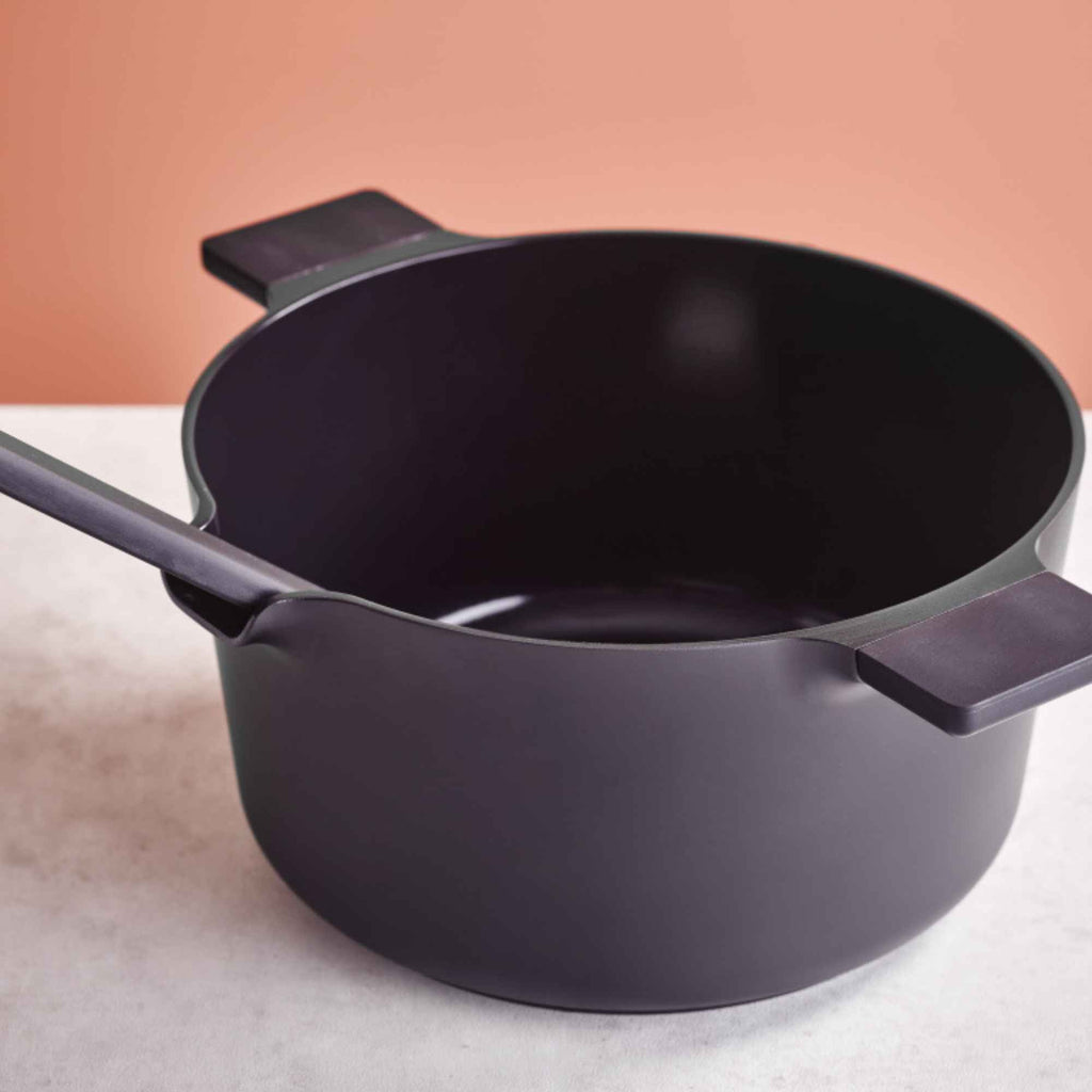 Black ceramic nonstick stock pot with side handles and wide rim