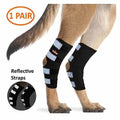 Dog rear leg hock brace with reflective straps, black wrap with Velcro panels