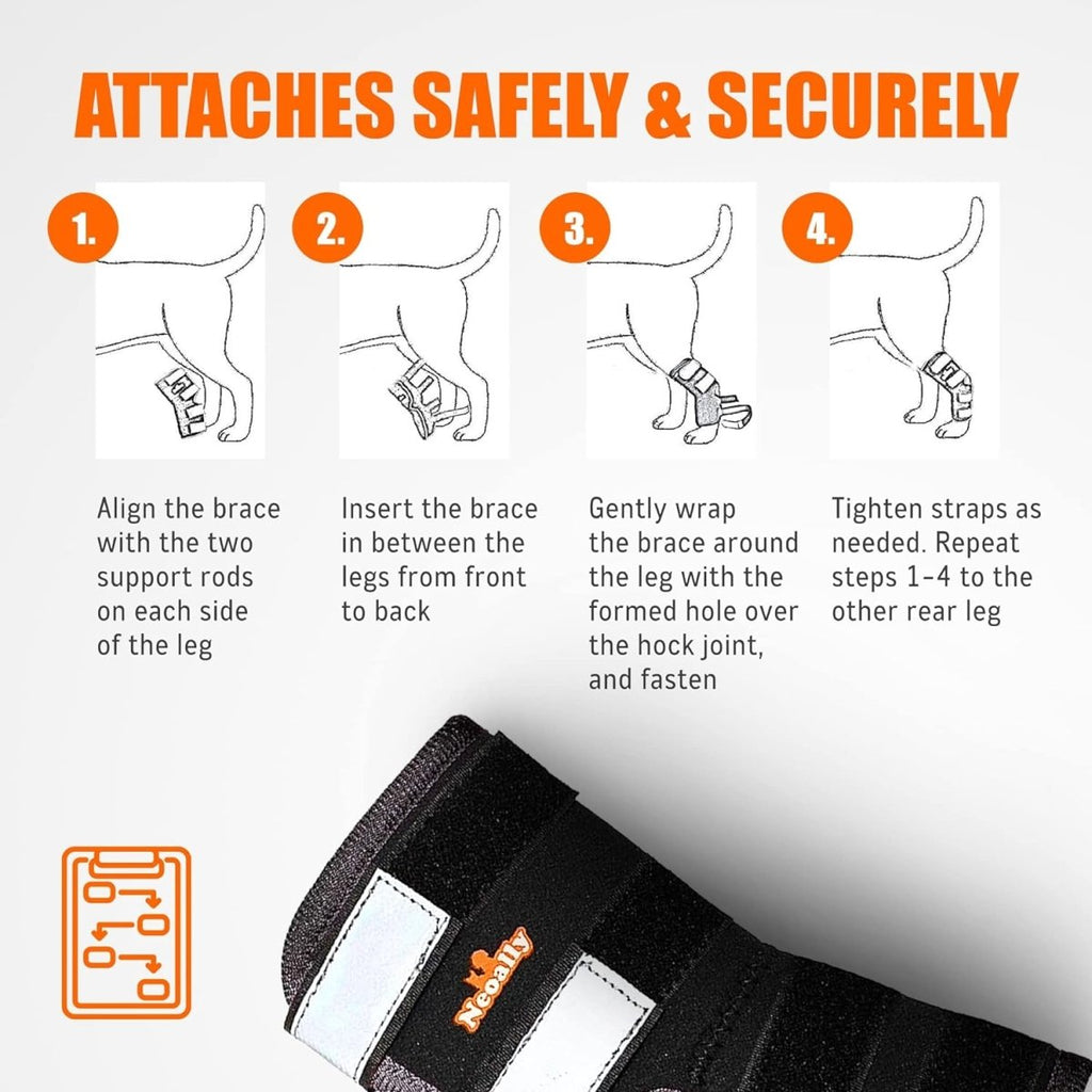 Black rear leg brace attachment steps with reflective strap panels and fastening points