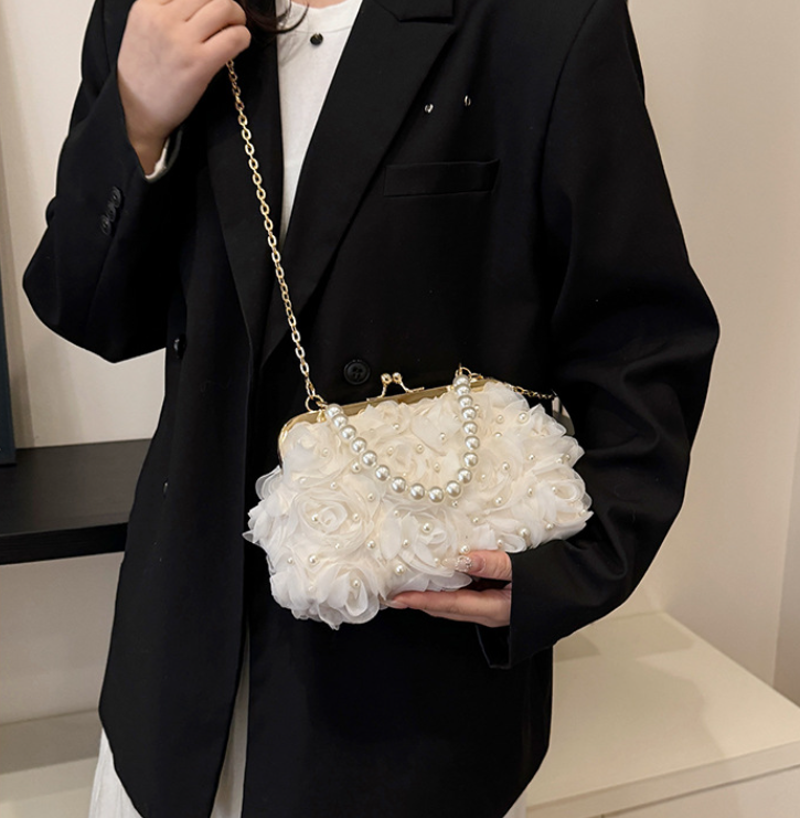 White pearl lace mini crossbody clutch with ruffled pleats and gold chain handle