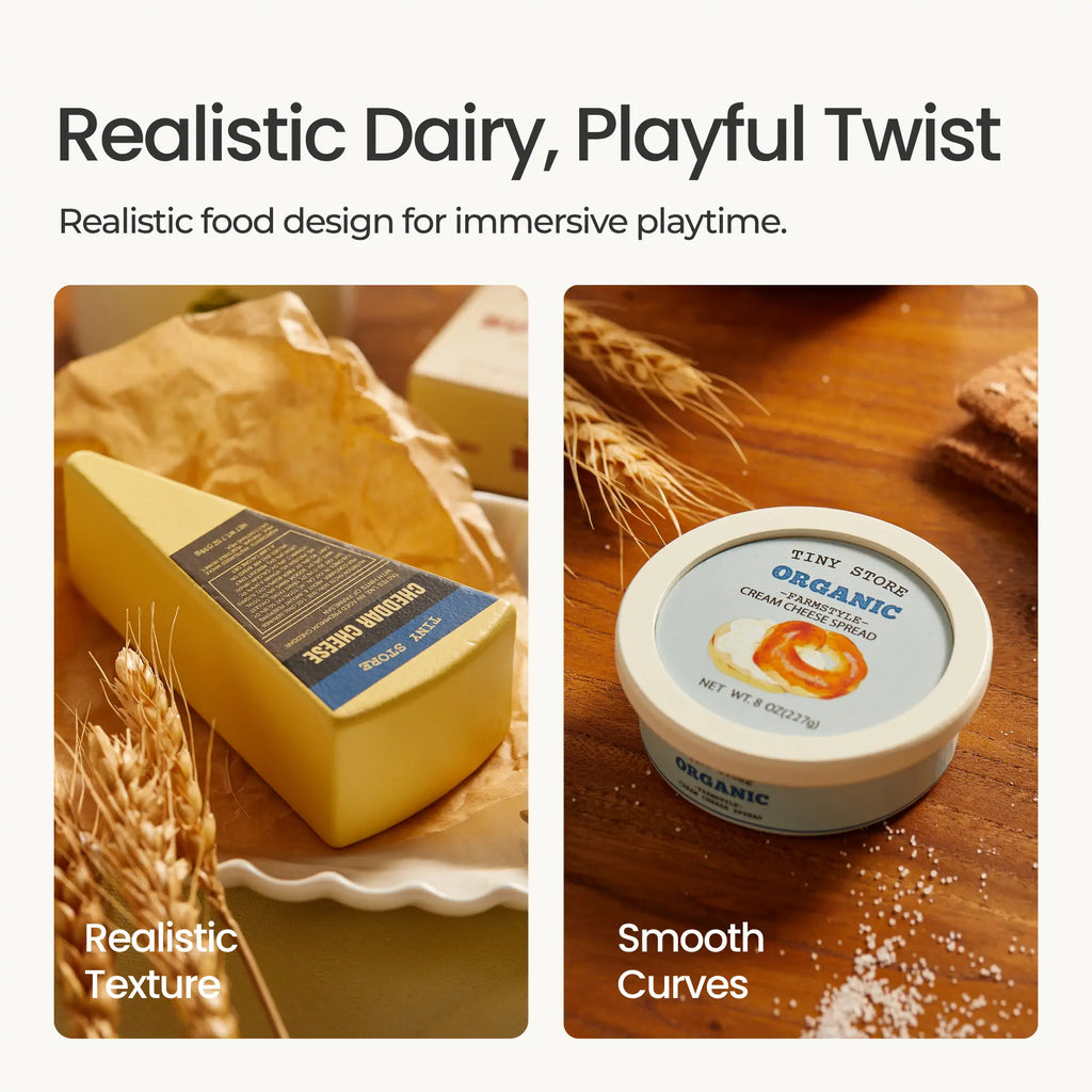 Pretend dairy play food close-up: cheese block and round organic cheese spread tub
