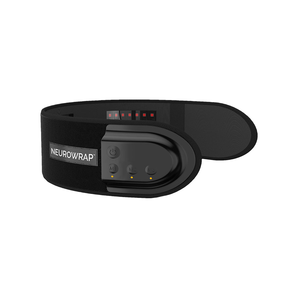 Black adjustable NeuroWrap headband with built-in control pad and buttons