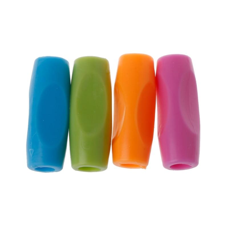Four slip-on pencil grips in blue, green, orange, and pink, shown together
