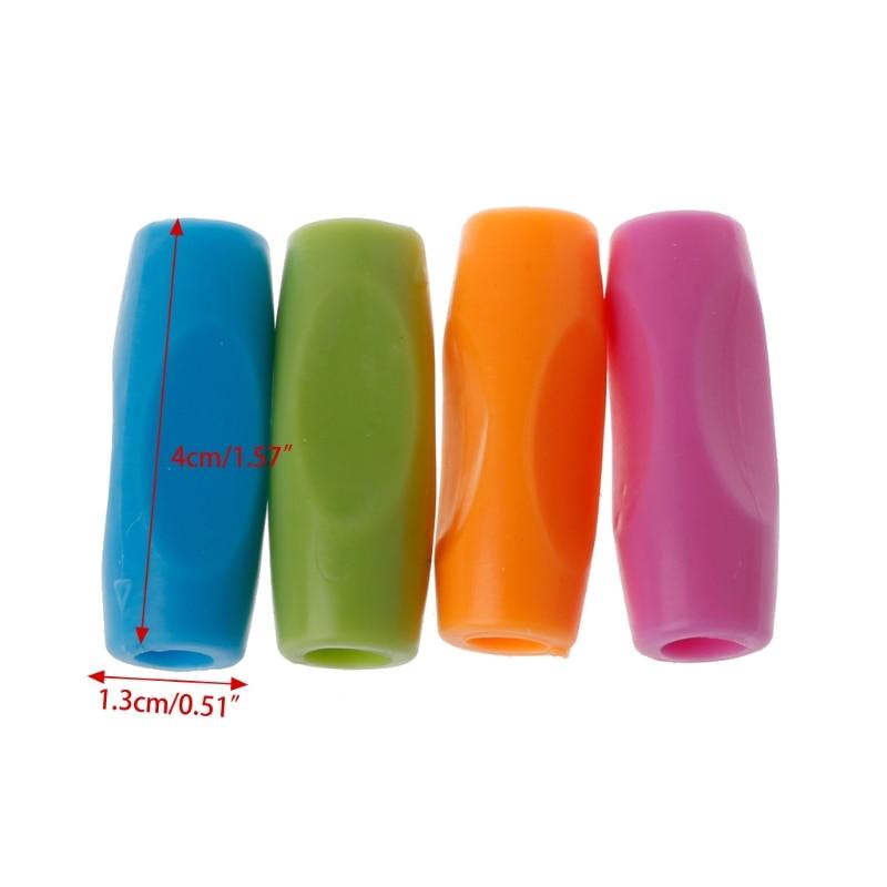 Four pencil grips in blue, green, orange, and pink; size 4 cm x 1.3 cm
