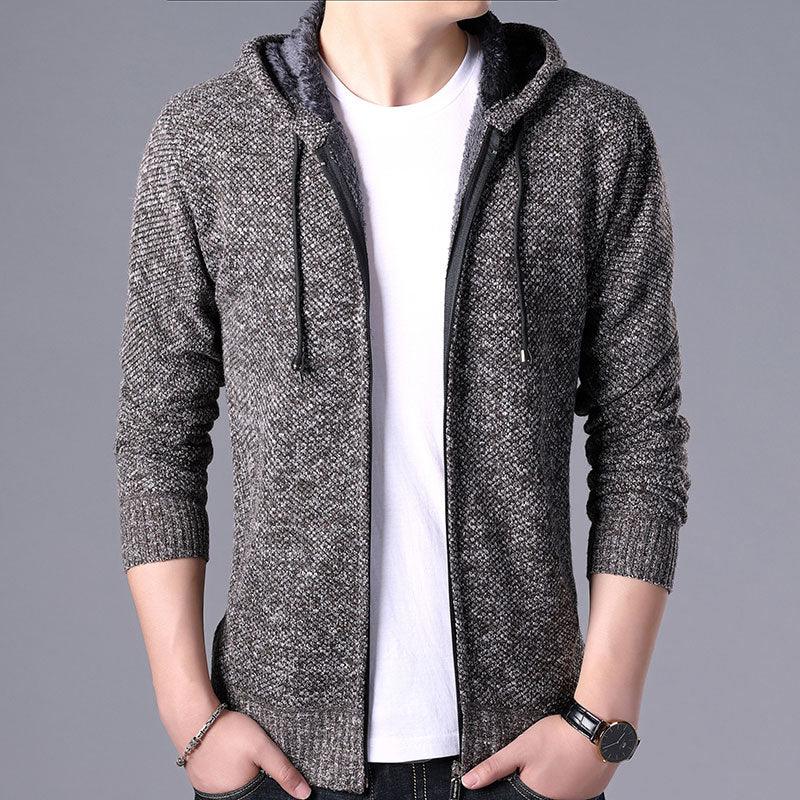 Men's heather grey knit zip-up hoodie with drawstring hood and ribbed cuffs