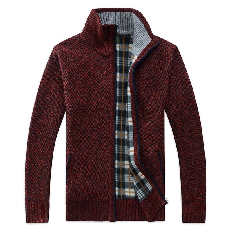 Men's hooded zip knit jacket, wine red heather with plaid inner lining