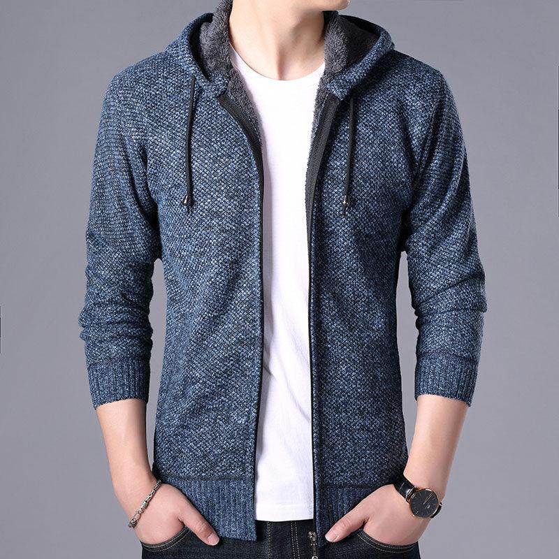 Men's blue heather knit zip-up hoodie with drawstring hood and ribbed cuffs