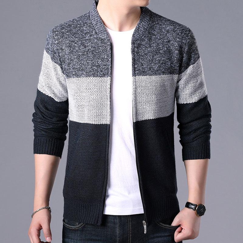 Men's zip-up fleece jacket with color-block sleeves and quilted front panels, dark