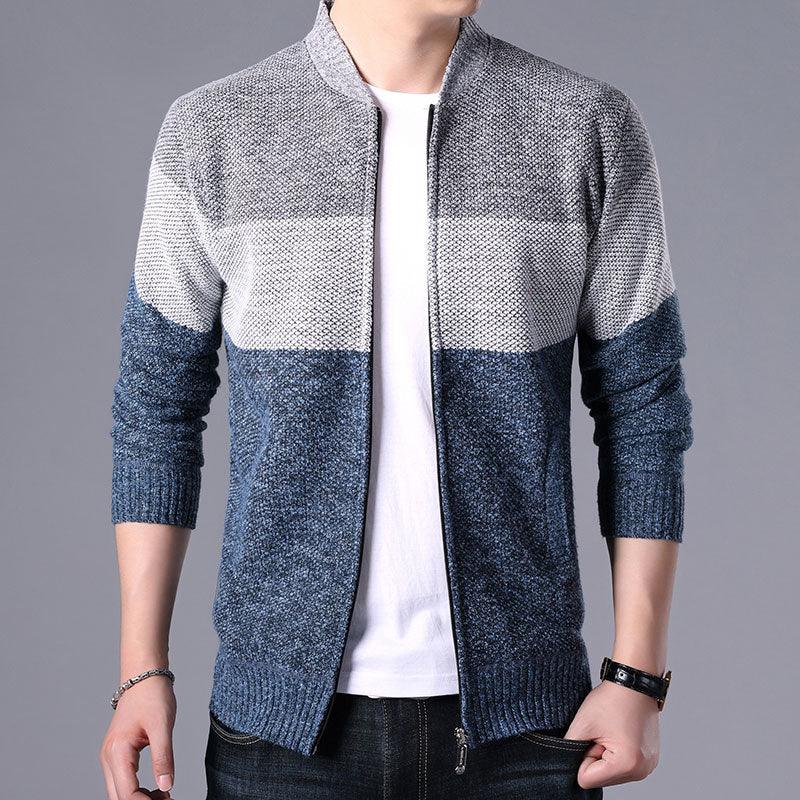 Men's zip-up fleece jacket in gray-blue with color-block front panels and knit cuffs