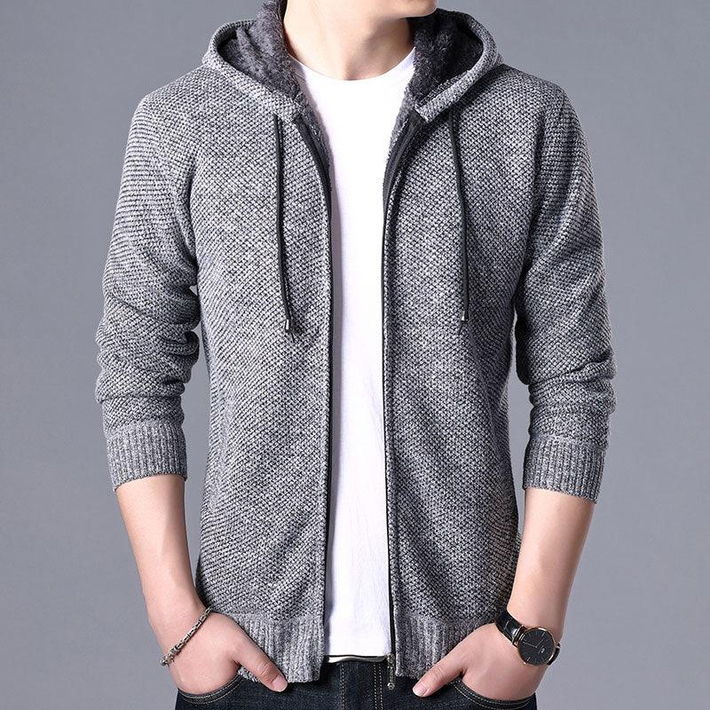 Men's light grey heather knit zip-up hoodie with drawstring hood and ribbed cuffs