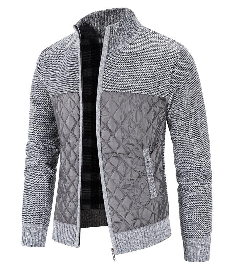 Men's zip-up fleece jacket, light gray textured knit with quilted diamond-pattern panels