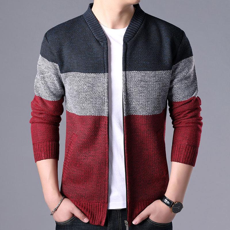 Men's zip-up fleece jacket with red, gray, and black color-block panels and stand collar