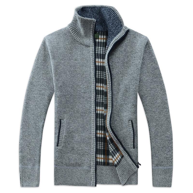 Men's zip knit jacket with hood, light blue-gray heather, plaid inner lining
