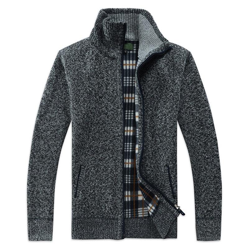 Men's zip knit jacket with hood, dark gray heather texture and plaid inner lining