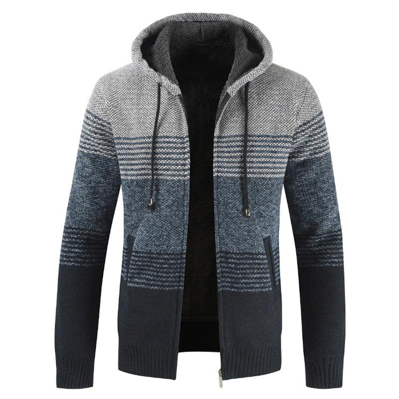 Men's grey heather knit zip-up hoodie with black plaid stripe panels, hood