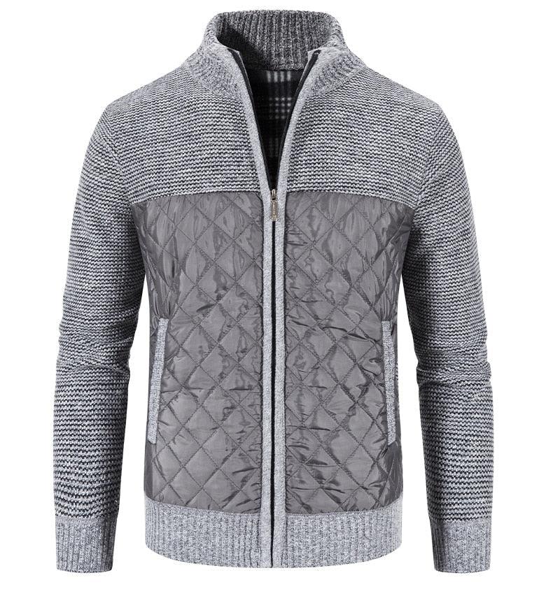 Men's zip-up fleece jacket in light gray with quilted diamond front and knit stand collar