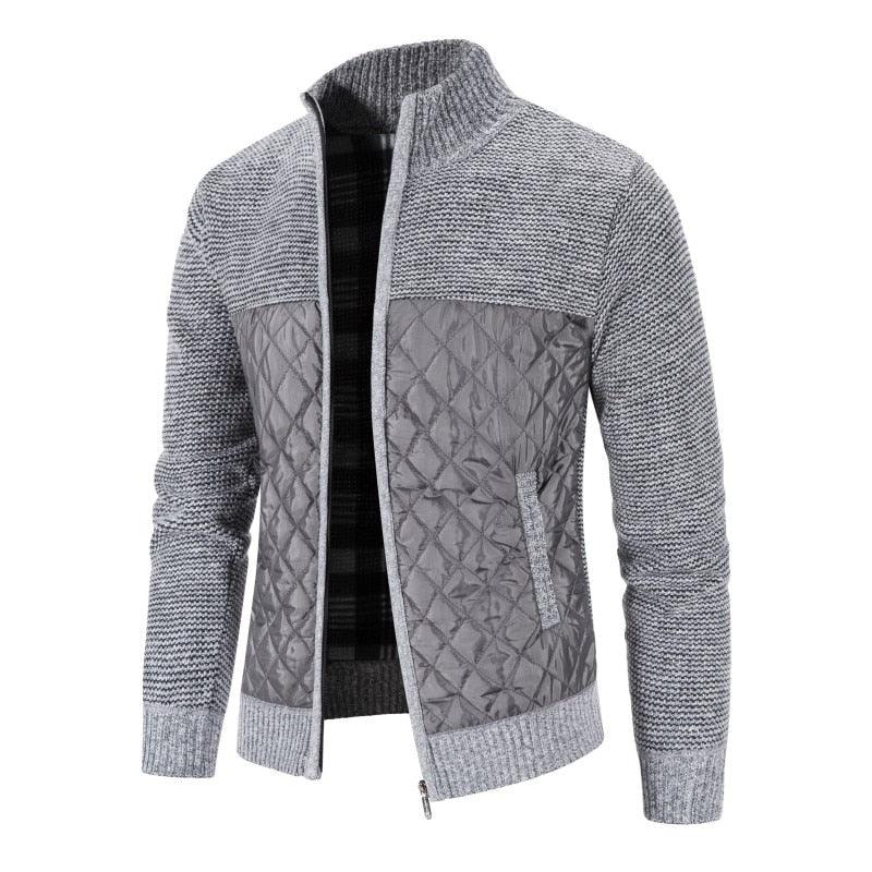 Men's gray knit zip jacket with quilted front panel and ribbed stand collar