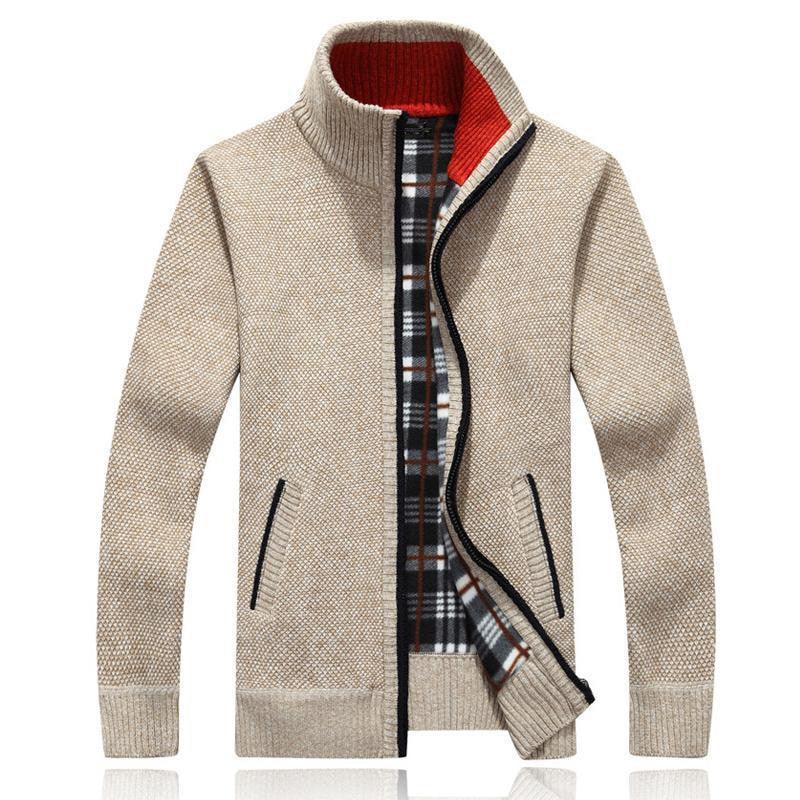 Men's zip knit jacket with hood, beige fleece outer and red plaid inner