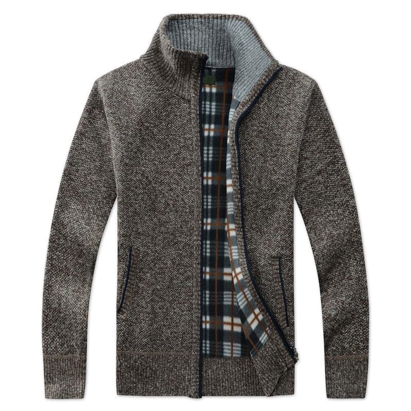 Men's zip knit jacket with hood, gray heather knit and plaid inner lining