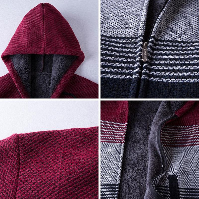 Men's burgundy knit hoodie close-up: hood and front zipper with stripe detail