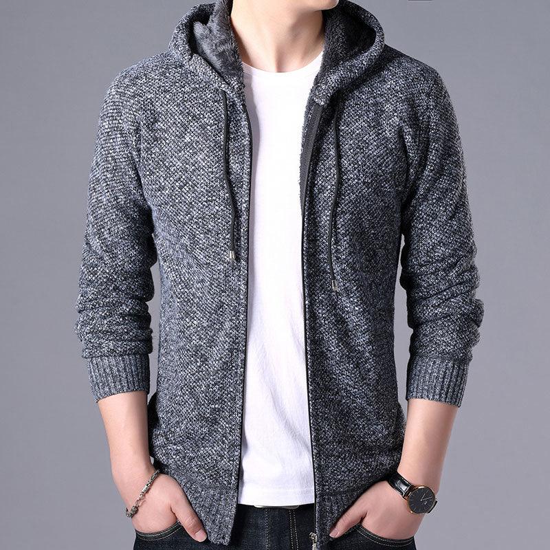 Men's dark gray heather knit hooded jacket, zip-front with ribbed cuffs and hem