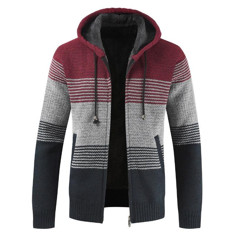 Men's burgundy knit zip-up hoodie with grey stripe panels, plaid lining, hood